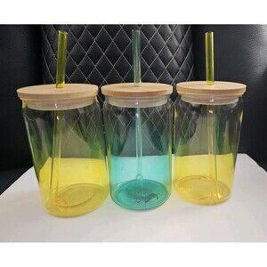 3 Pack Sun Squad 16oz Ombre Plastic Yellow & Blue Tumblers With Straws